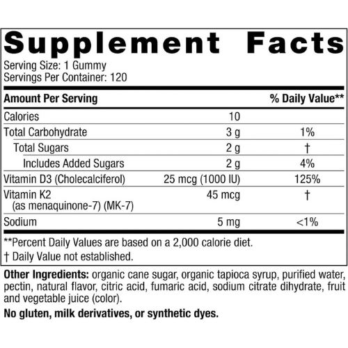Nordic Naturals Vitamin D3+K2 Gummies Pomegranate Aid Muscle Function 120 Gummie