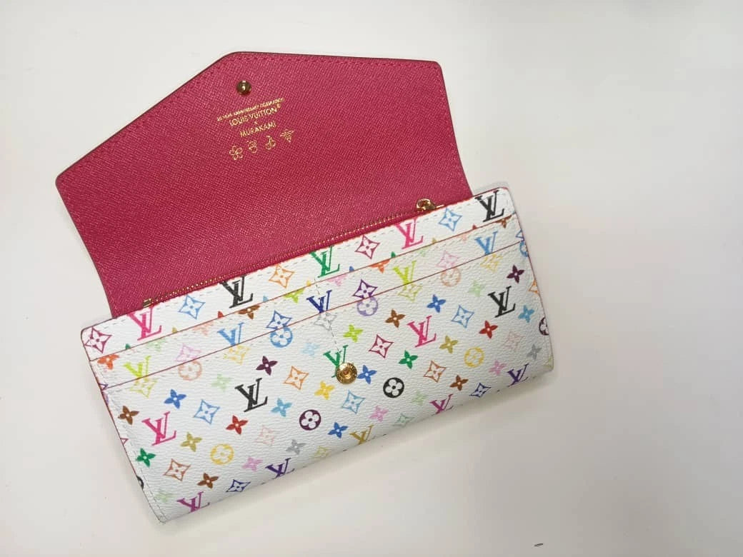 White Multicolor Sarah Long Wallet – Colorful Monogram Designer Style Clutch Wallet with Box