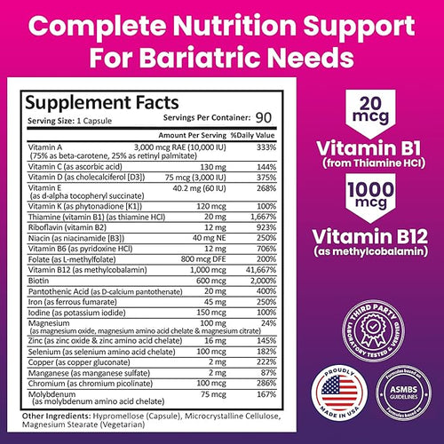 Bariatric Once-a-Day Multivitamin – 90 Capsules, Gastric Bypass & Sleeve Surgery Daily Nutritional Support