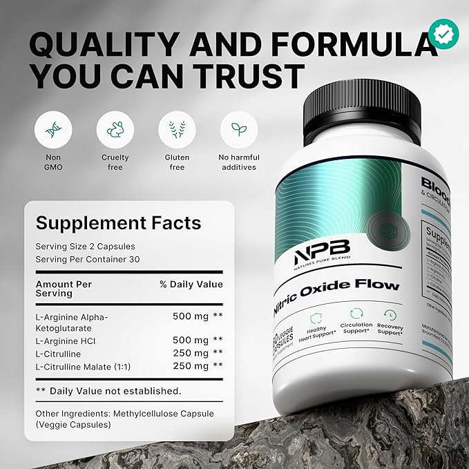 L-Arginine 1500mg Nitric Oxide Capsules – Energy, Circulation & Performance Support (Daily Supplement) | Nature’s Pure Blend