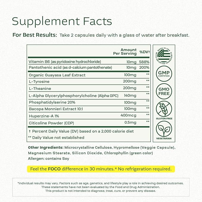 Brain Support Supplement for Focus, Memory & Mental Clarity | Cognitive Performance Formula Capsules (60 Count)