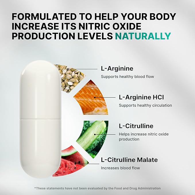 L-Arginine 1500mg Nitric Oxide Capsules – Energy, Circulation & Performance Support (Daily Supplement) | Nature’s Pure Blend