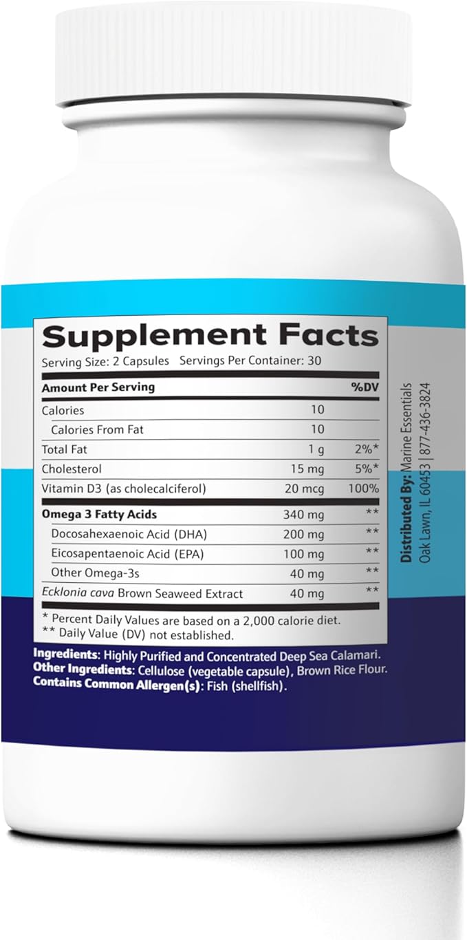 Marine Omega-3 DHA Capsules with Vitamin D3 & Ecklonia Cava – Brain & Heart Health Support Supplement