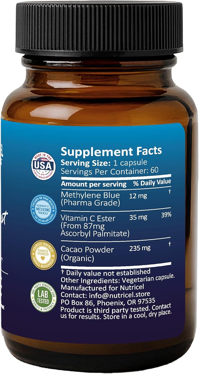 USP Grade Methylene Blue 12mg Capsules – Enhanced with Vitamin C for Absorption (60 Capsules) | Nutricel Supplements