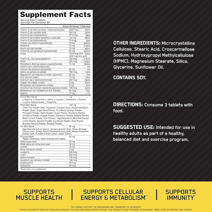 Opti-Men Daily Multivitamin for Men – Immune, Energy & Amino Acid Support (240 Tablets / 80 Day Supply)
