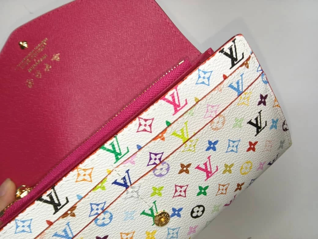 White Multicolor Sarah Long Wallet – Colorful Monogram Designer Style Clutch Wallet with Box