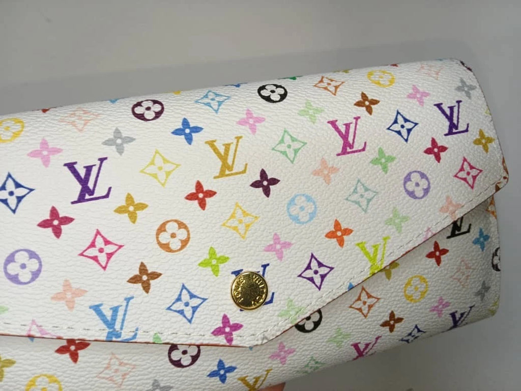 White Multicolor Sarah Long Wallet – Colorful Monogram Designer Style Clutch Wallet with Box