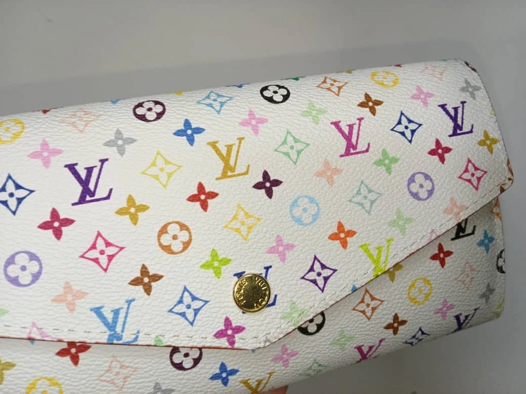 White Multicolor Sarah Long Wallet – Colorful Monogram Designer Style Clutch Wallet with Box