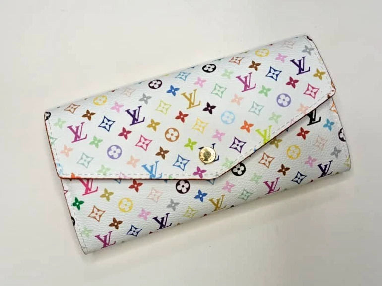White Multicolor Sarah Long Wallet – Colorful Monogram Designer Style Clutch Wallet with Box